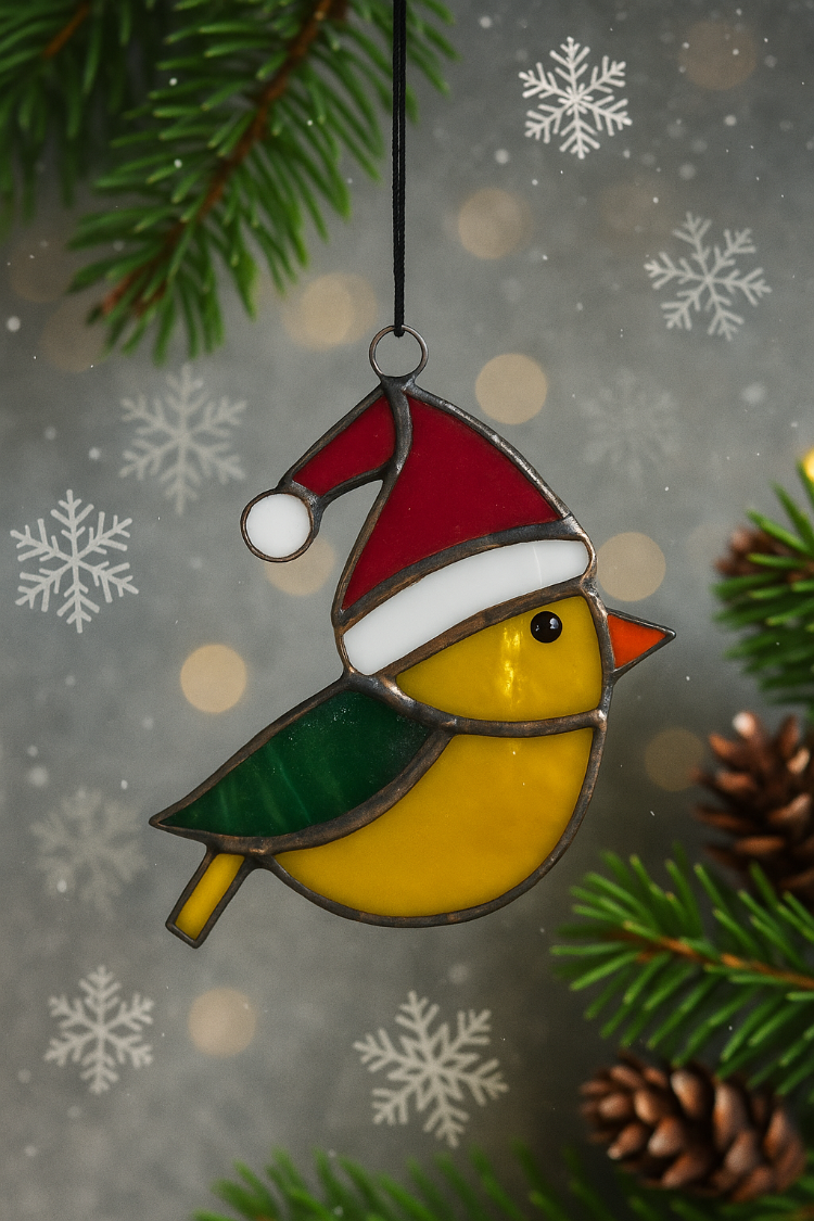 El Yapımı Vitray Kuş Yılbaşı Süsü (Noel Şapkalı)