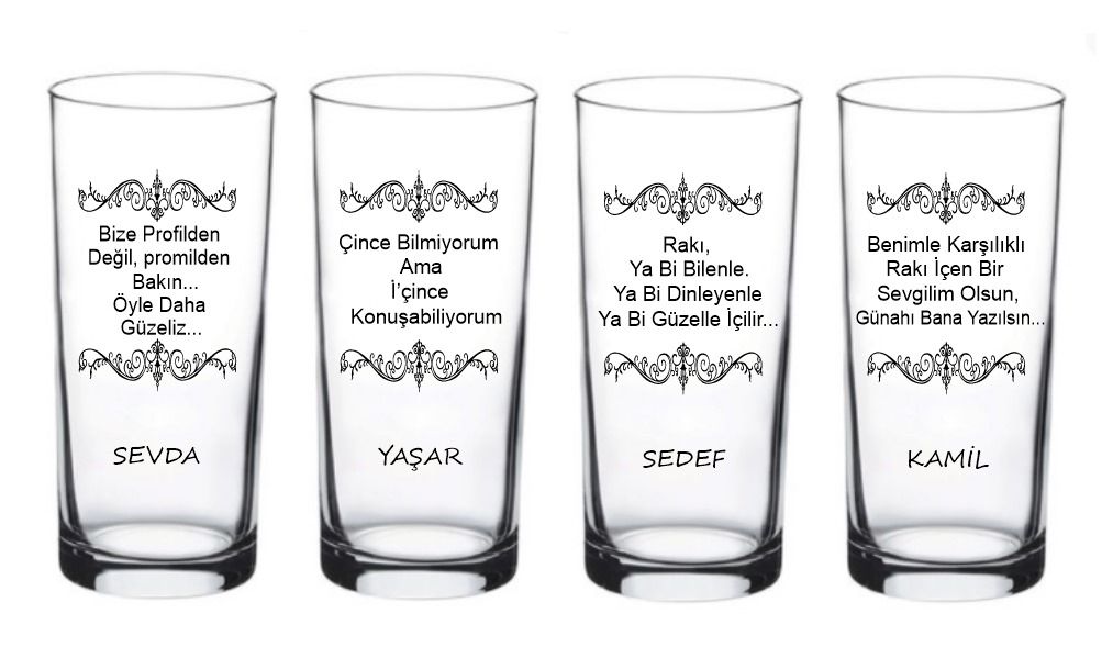 4 lü Kişiye Özel Tasarım Rakı Bardağı