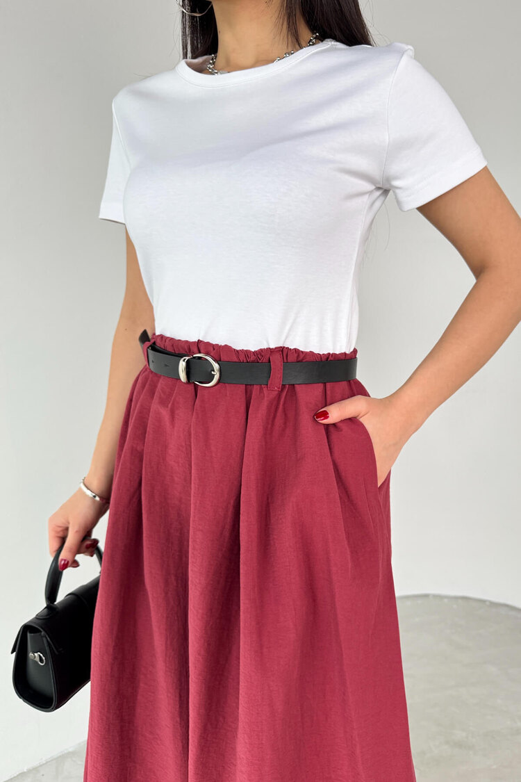 Bordo Beyaz Kemerli Elbise