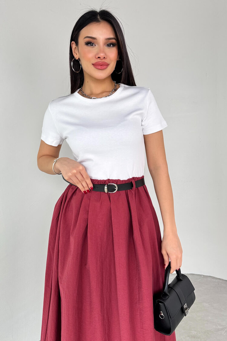 Bordo Beyaz Kemerli Elbise