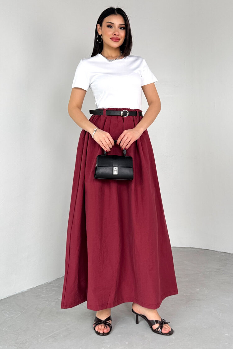 Bordo Beyaz Kemerli Elbise