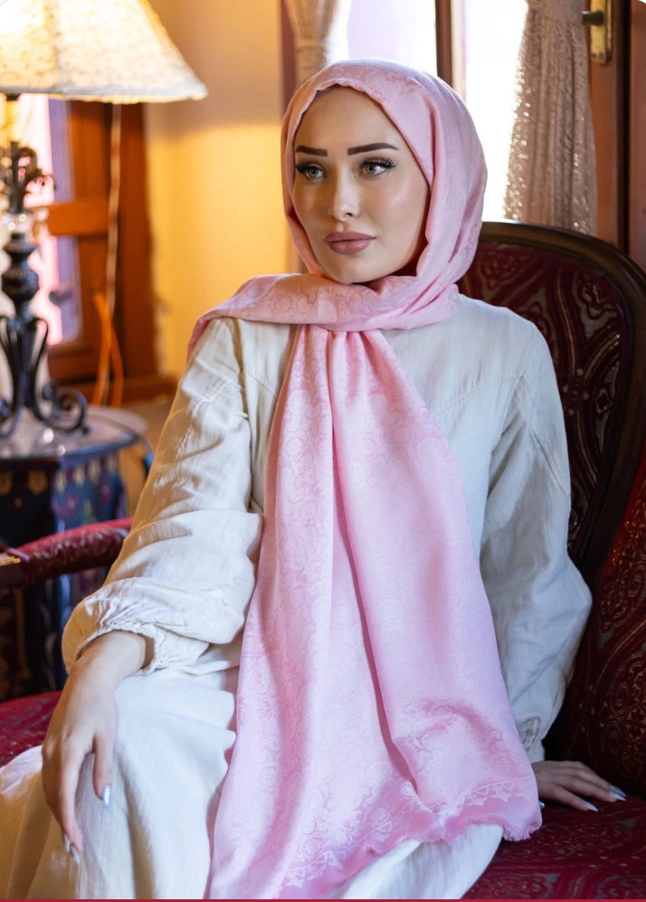 Hürrem Desen Osmanlı Motif Pamuk İpek Şal - Pembe