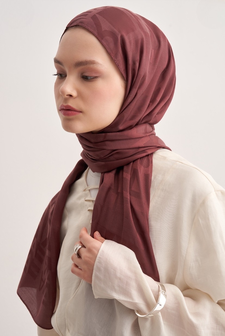 Yazı Desen Jakar İtalyan İpekli Şal - Red Brown 