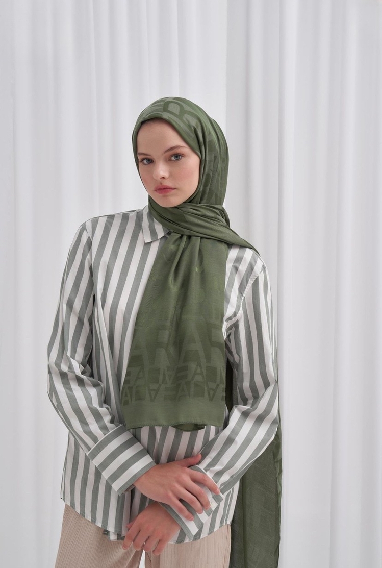 Yazı Desen Jakar İtalyan İpekli Şal - Forest Green 