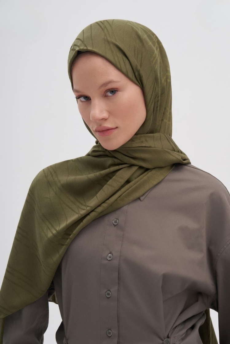 Simetrik Desen Jakar İtalyan İpekli Şal - Olive Green 
