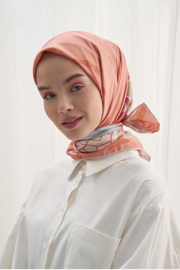 Twill Dokuma Pamuk İpek Delly Flowers Desen Eşarp - Somon 