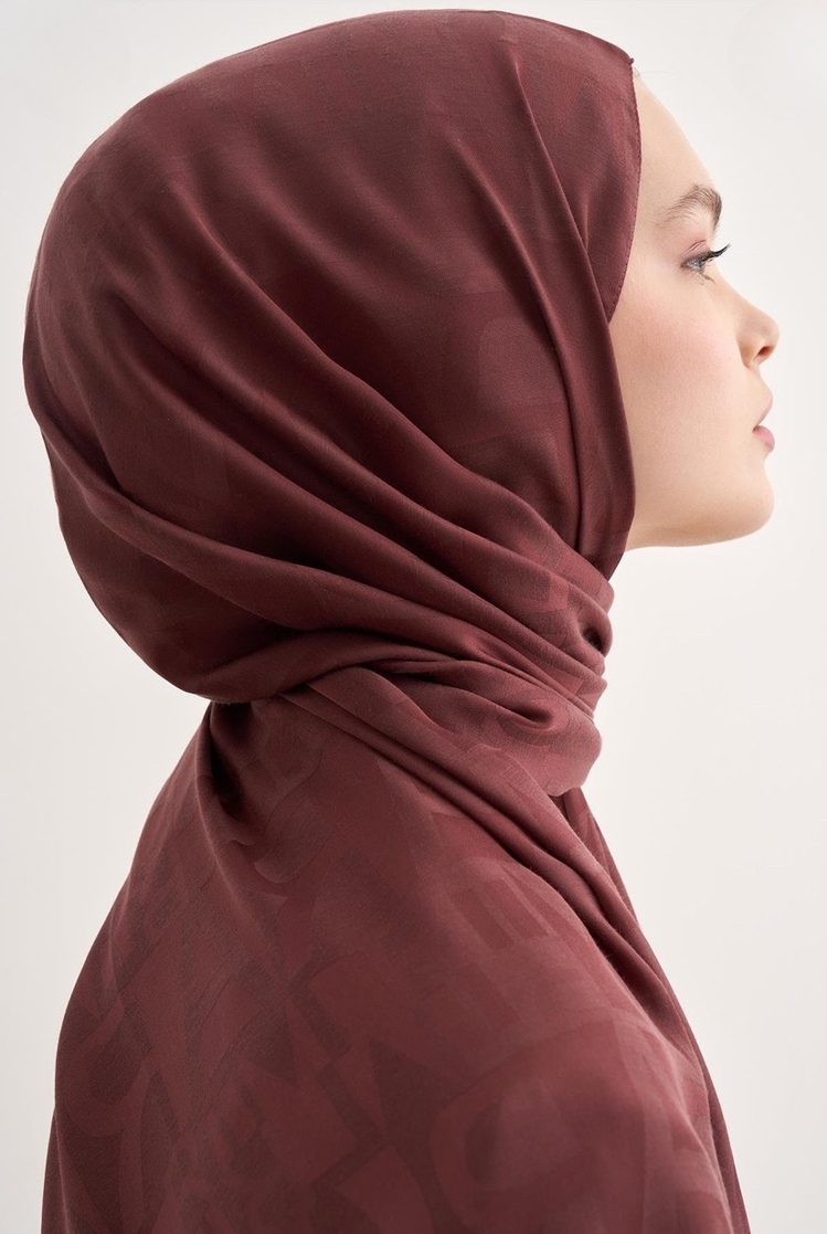 Yazı Desen Jakar İtalyan İpekli Şal - Red Brown 