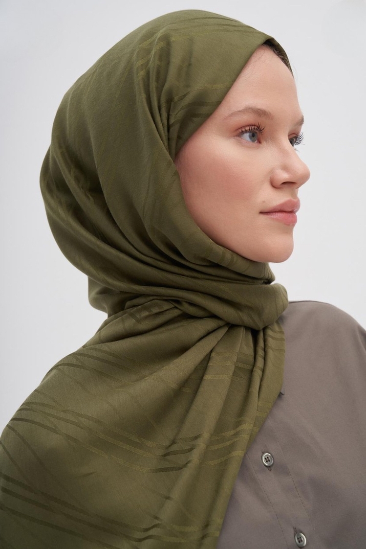 Simetrik Desen Jakar İtalyan İpekli Şal - Olive Green 