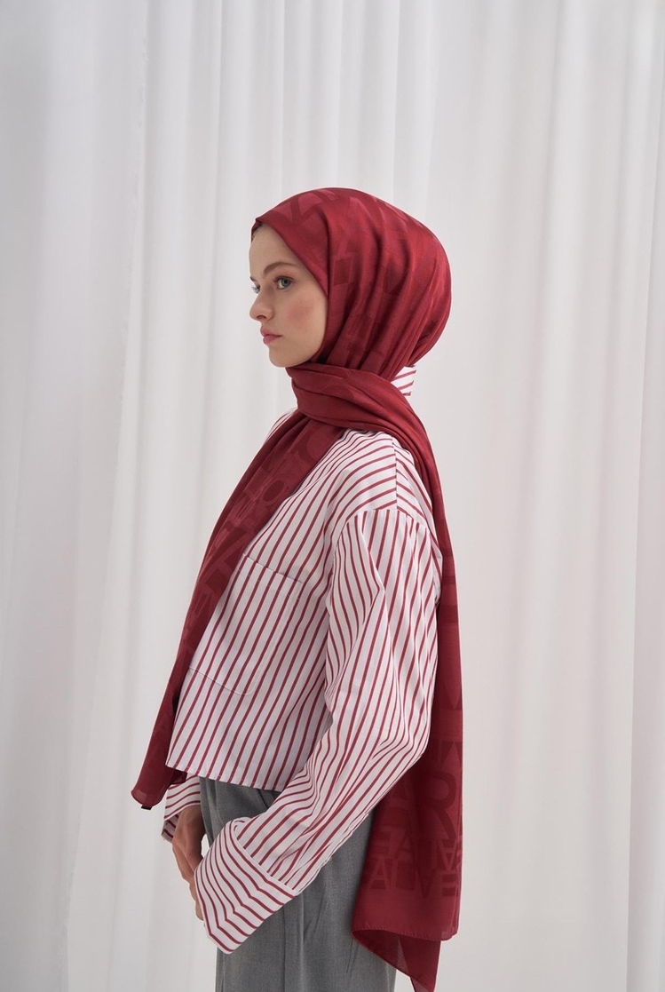 Yazı Desen Jakar İtalyan İpekli Şal - Bordo