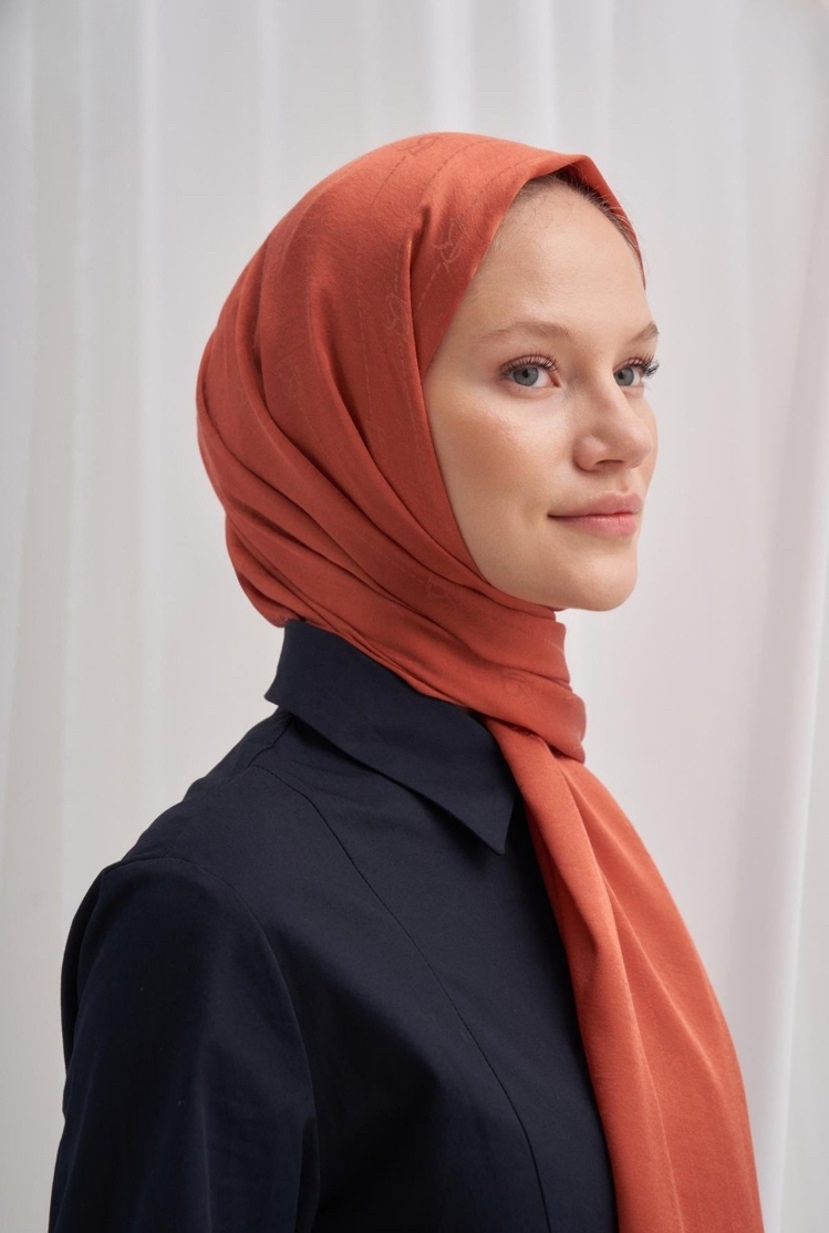 Monogram Jakar İtalyan İpekli Şal - Kiremit 