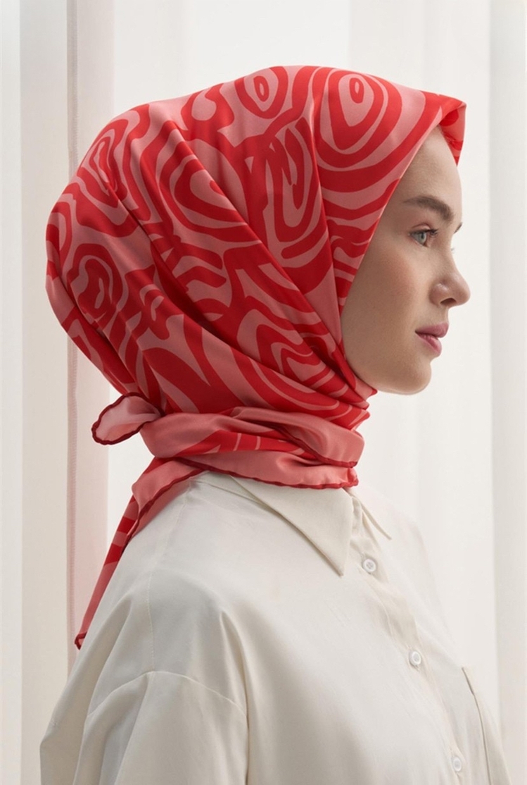 Twill Dokuma Pamuk İpek Dalga Desen Eşarp - Pembe 