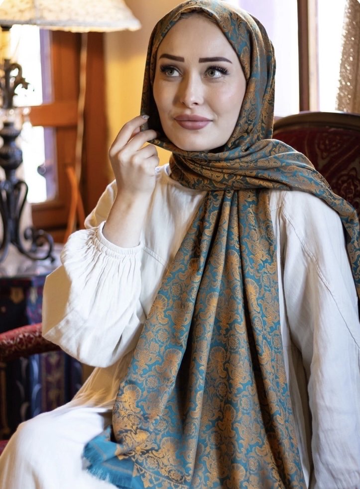 Hürrem Desen Osmanlı Motif Pamuk İpek Şal - Petrol Mavi