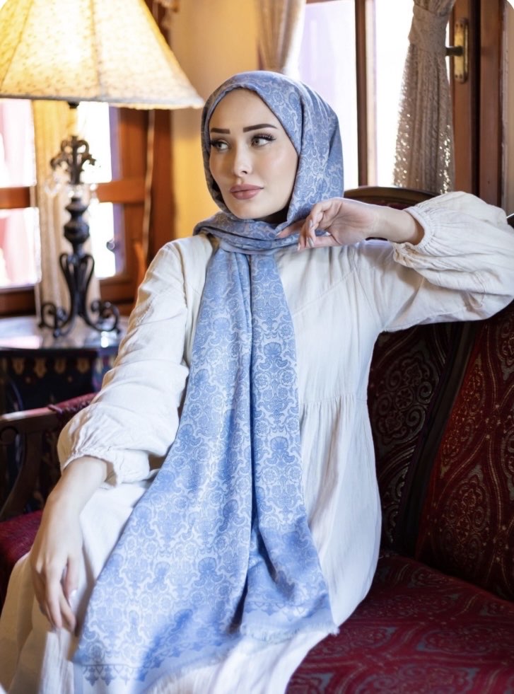 Hürrem Desen Osmanlı Motif Pamuk İpek Şal - Buz Mavi 