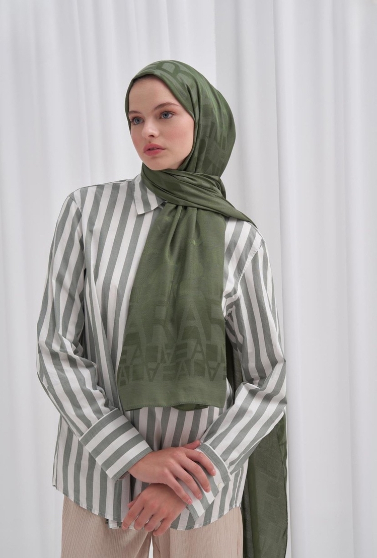 Yazı Desen Jakar İtalyan İpekli Şal - Forest Green 