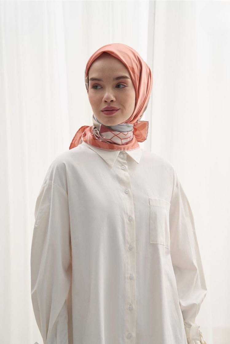 Twill Dokuma Pamuk İpek Delly Flowers Desen Eşarp - Somon 