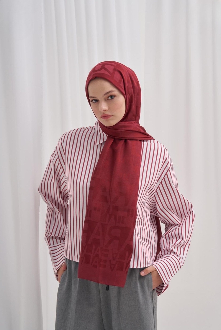 Yazı Desen Jakar İtalyan İpekli Şal - Bordo