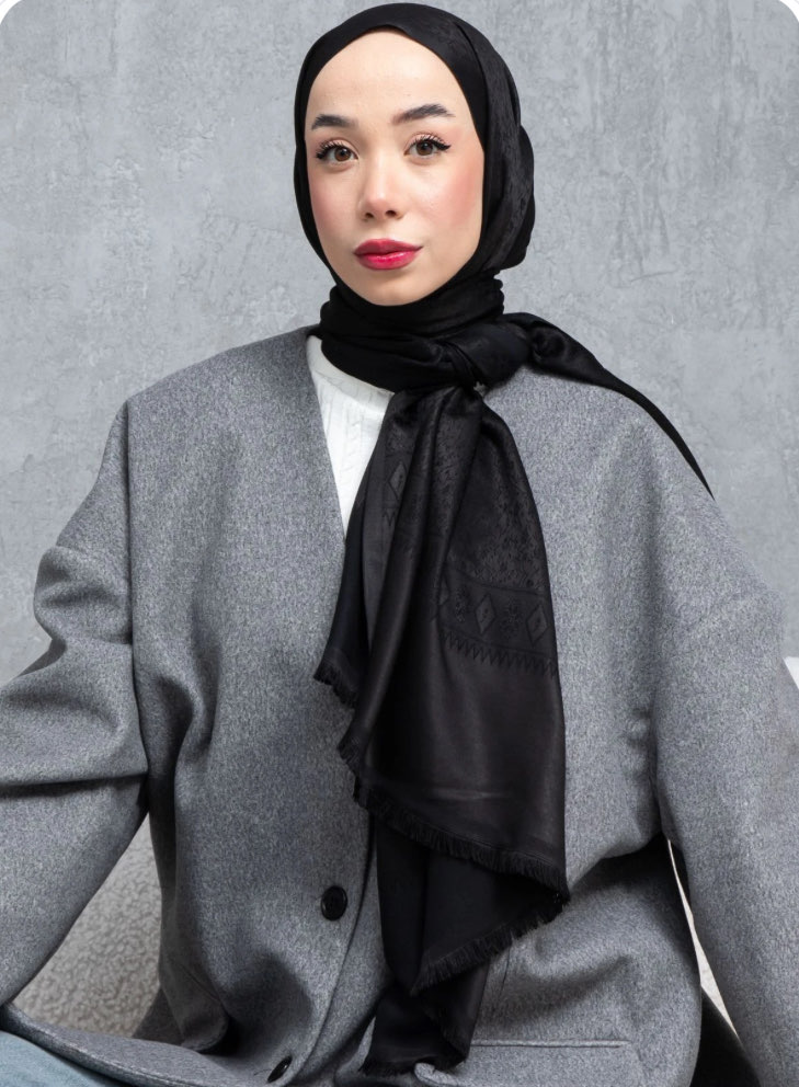 Çiçek Desen Osmanlı Motif Pamuk İpek Şal - Siyah
