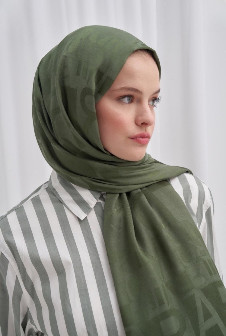 Yazı Desen Jakar İtalyan İpekli Şal - Forest Green 