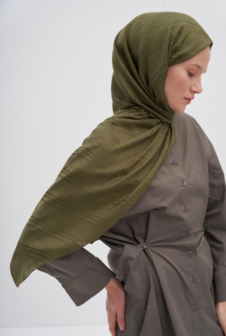 Simetrik Desen Jakar İtalyan İpekli Şal - Olive Green 
