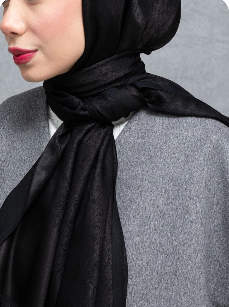 Çiçek Desen Osmanlı Motif Pamuk İpek Şal - Siyah