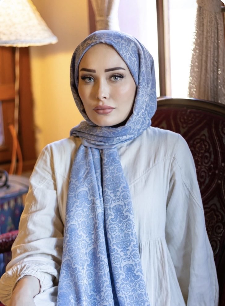 Hürrem Desen Osmanlı Motif Pamuk İpek Şal - Buz Mavi 