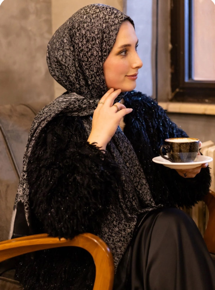 Çiçek Desen Osmanlı Motif Pamuk İpek Şal - Gri/Antrasit 