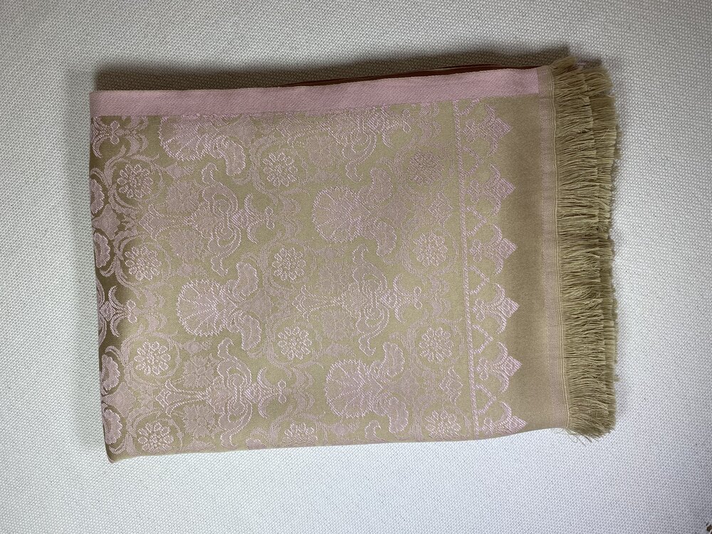 Hürrem Desen Osmanlı Motif Pamuk İpek Şal - Vizon/Pembe