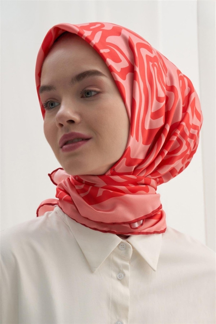 Twill Dokuma Pamuk İpek Dalga Desen Eşarp - Pembe 