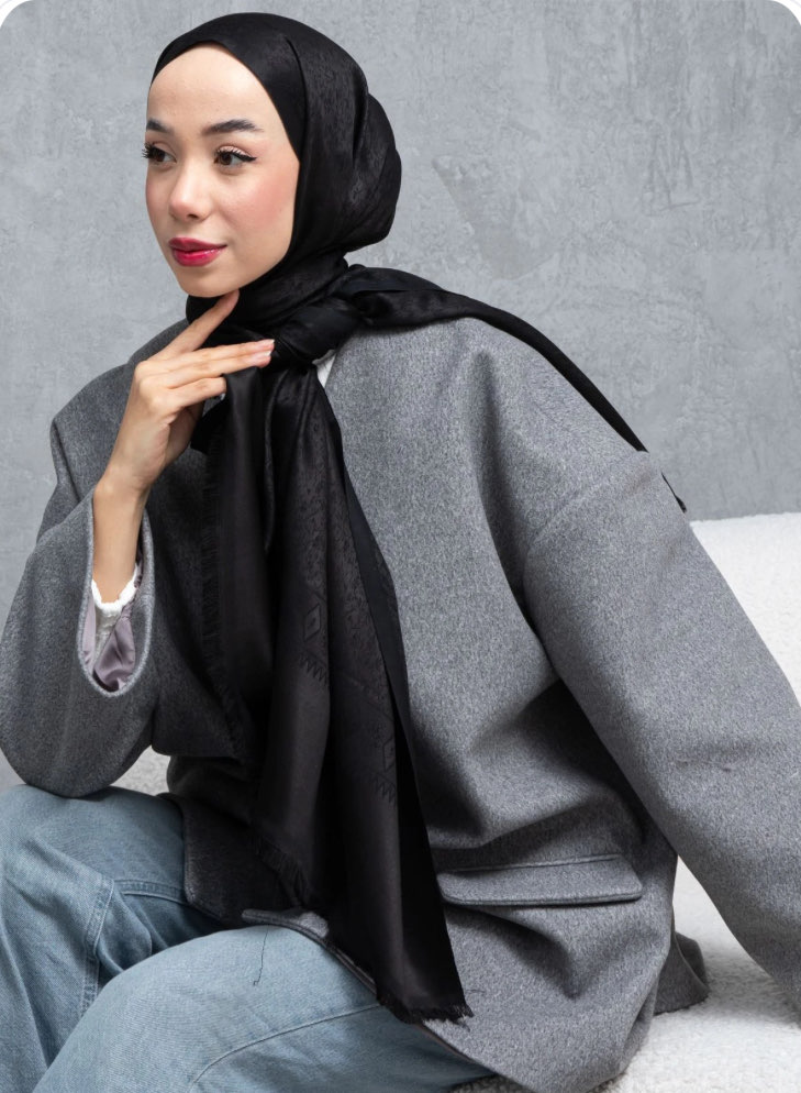 Çiçek Desen Osmanlı Motif Pamuk İpek Şal - Siyah