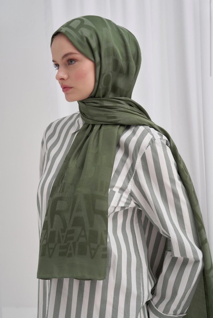 Yazı Desen Jakar İtalyan İpekli Şal - Forest Green 