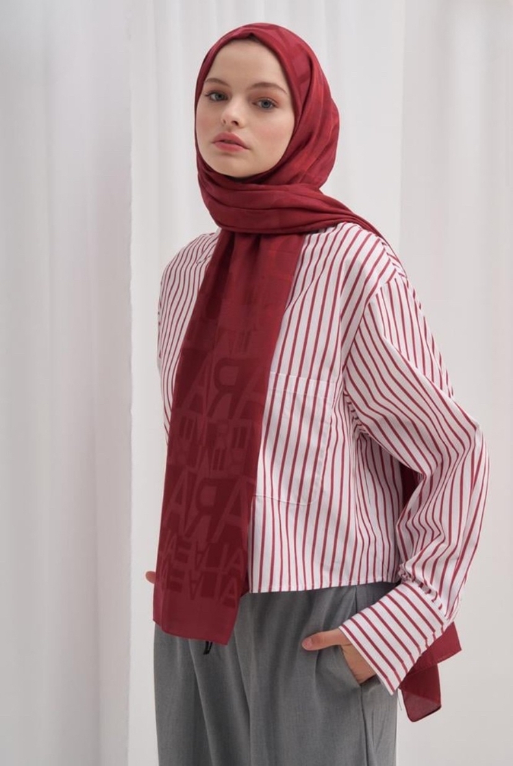 Yazı Desen Jakar İtalyan İpekli Şal - Bordo