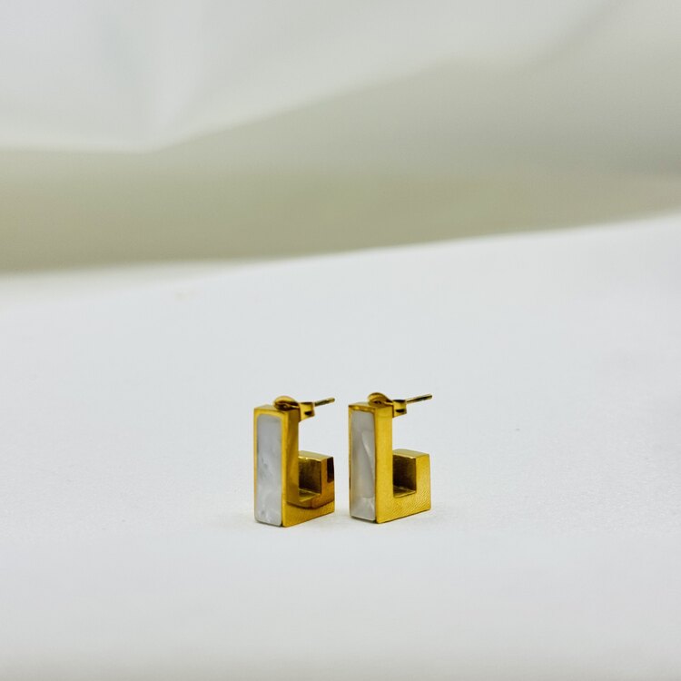 Mineli Dikdörtgen Gold küpe