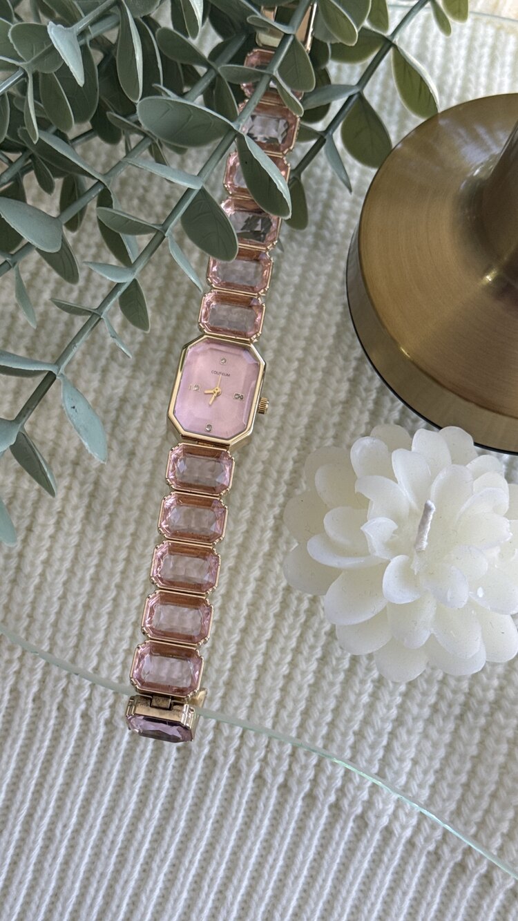 Toz Pembe Kristal Taşlı Çelik Saat