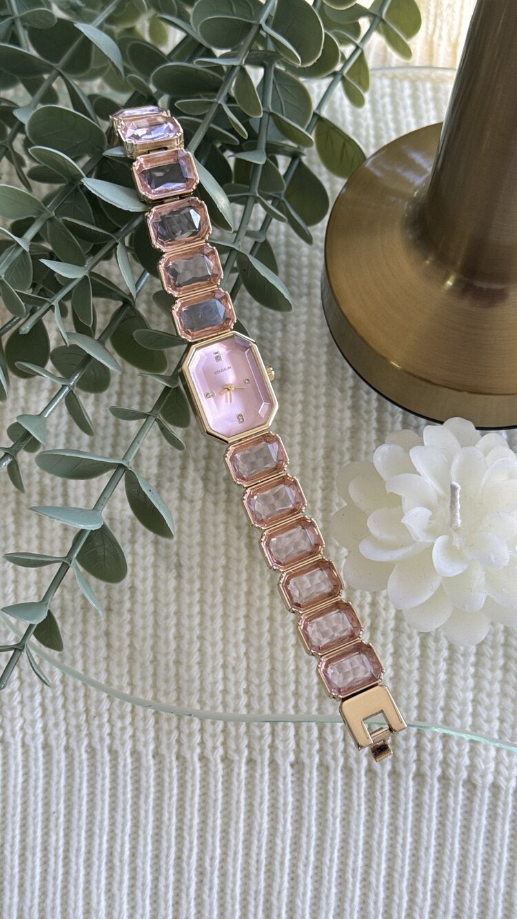 Toz Pembe Kristal Taşlı Çelik Saat