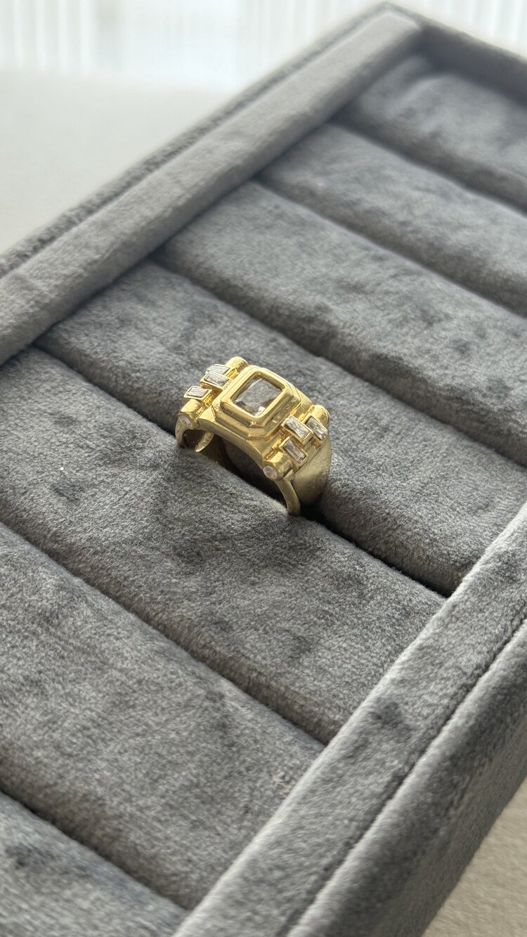 Baget Taşlı Çelik Gold Yüzük