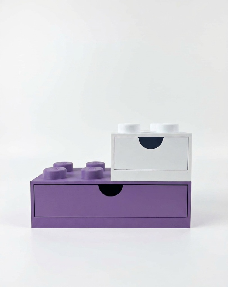Lego Brick Görünümlü Çekmeceli Masaüstü Organizer Seti - 2'li Set (Mor 4x2 + Beyaz 2x2)