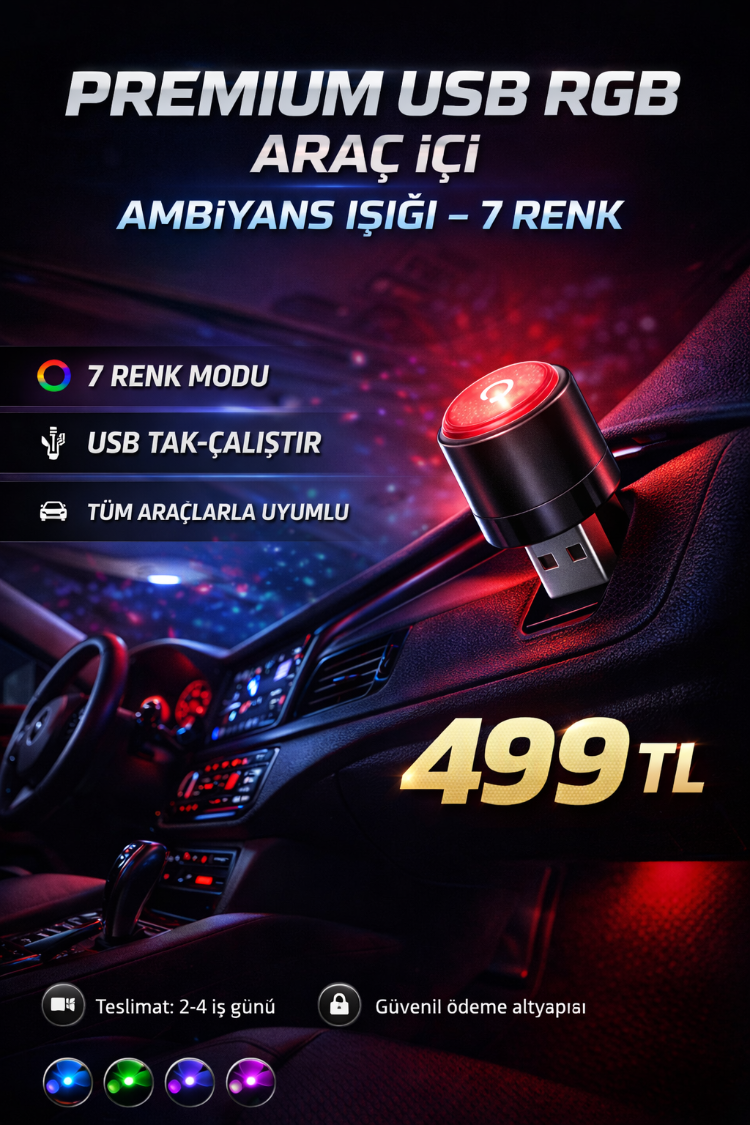 Premium USB RGB Araç İçi Ambiyans Işığı – 7 Renk