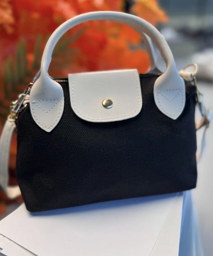 Bohem Kanvas Longchamp Hasır Çanta -siyah bej