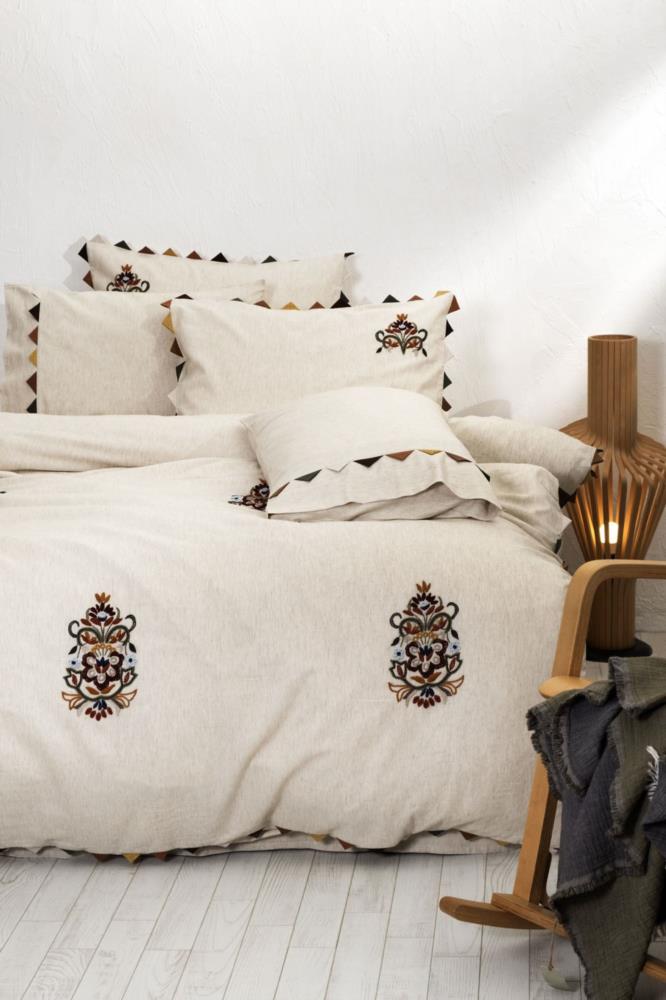 Ecocotton Beria Pamuk Keten El Nakışlı Çift Kişilik Bej Nevresim Takımı 