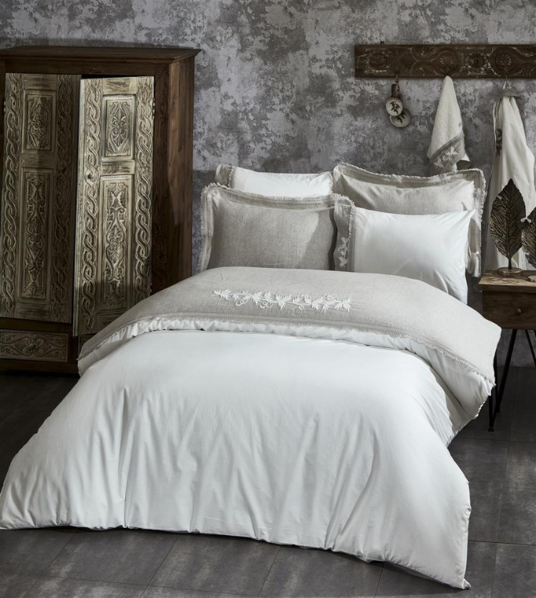 Ecocotton MİYA Organik Pamuk Keten Çift Kişilik Krem Nevresim Takımı