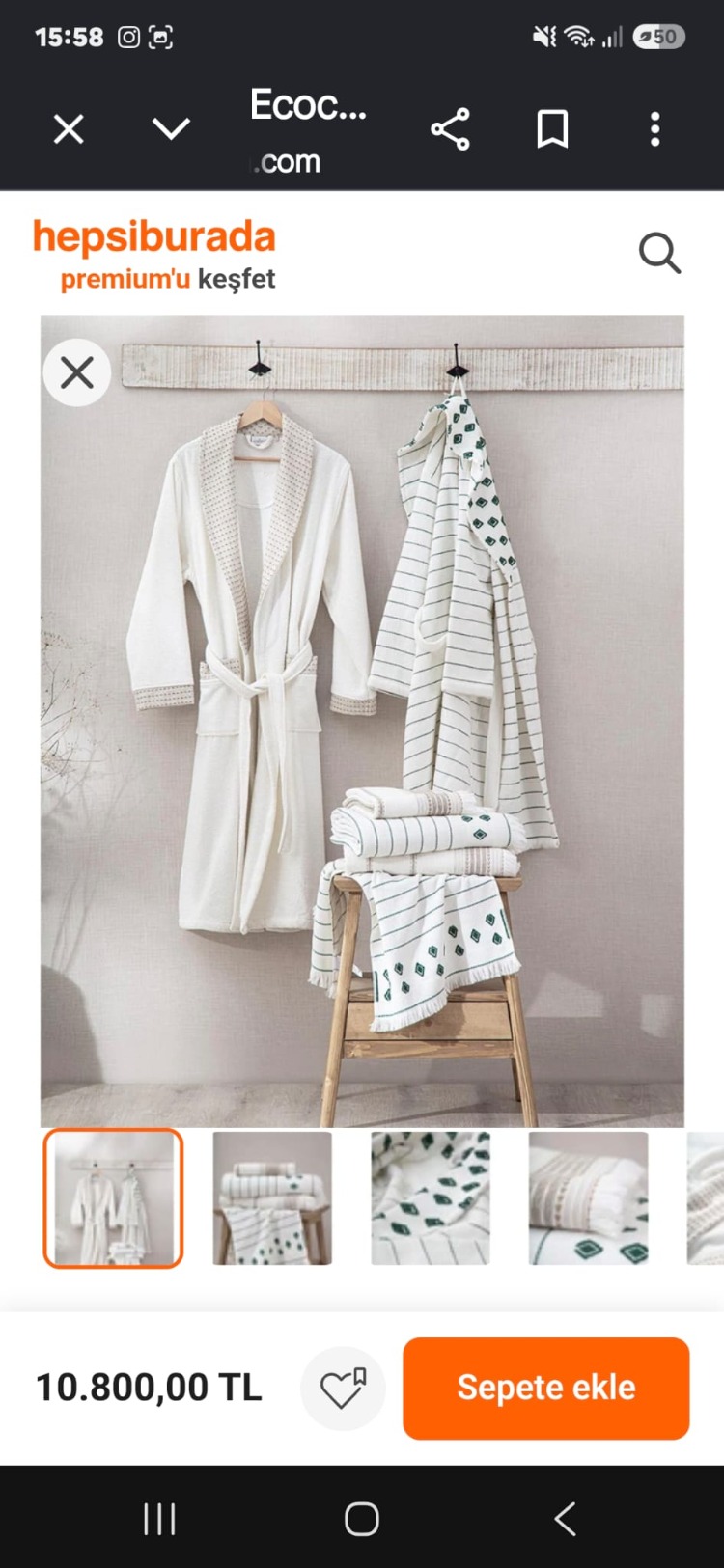 Ecocotton Imre Bej-Yeşil "m-L" Organik Pamuk Müslin Jakarlı Aile Bornoz Seti