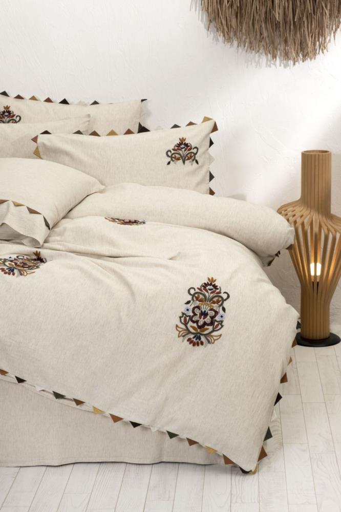 Ecocotton Beria Pamuk Keten El Nakışlı Çift Kişilik Bej Nevresim Takımı 