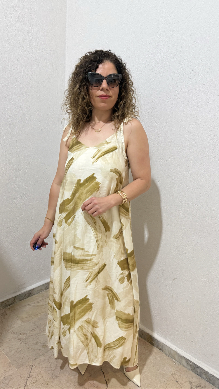Askılı arkası bağlama detaylı  yeşil elbise