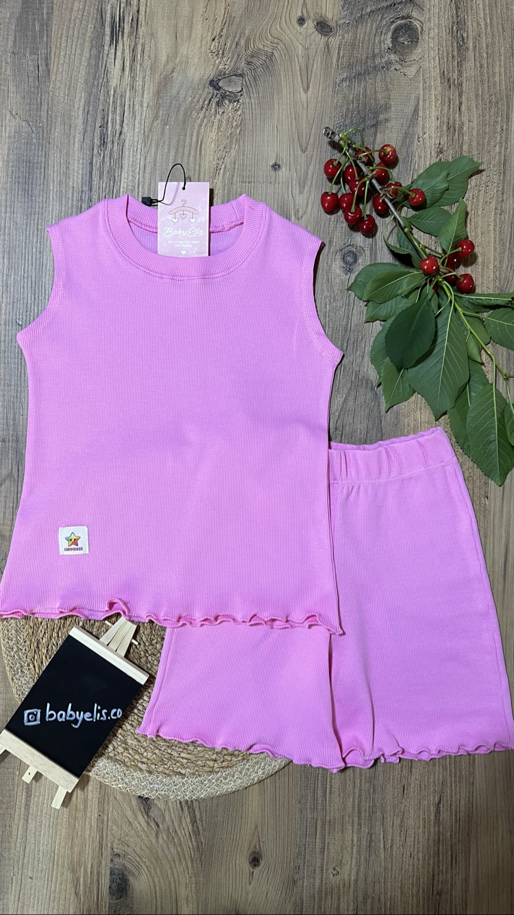 Pembe kolsuz t-shirt şort takım