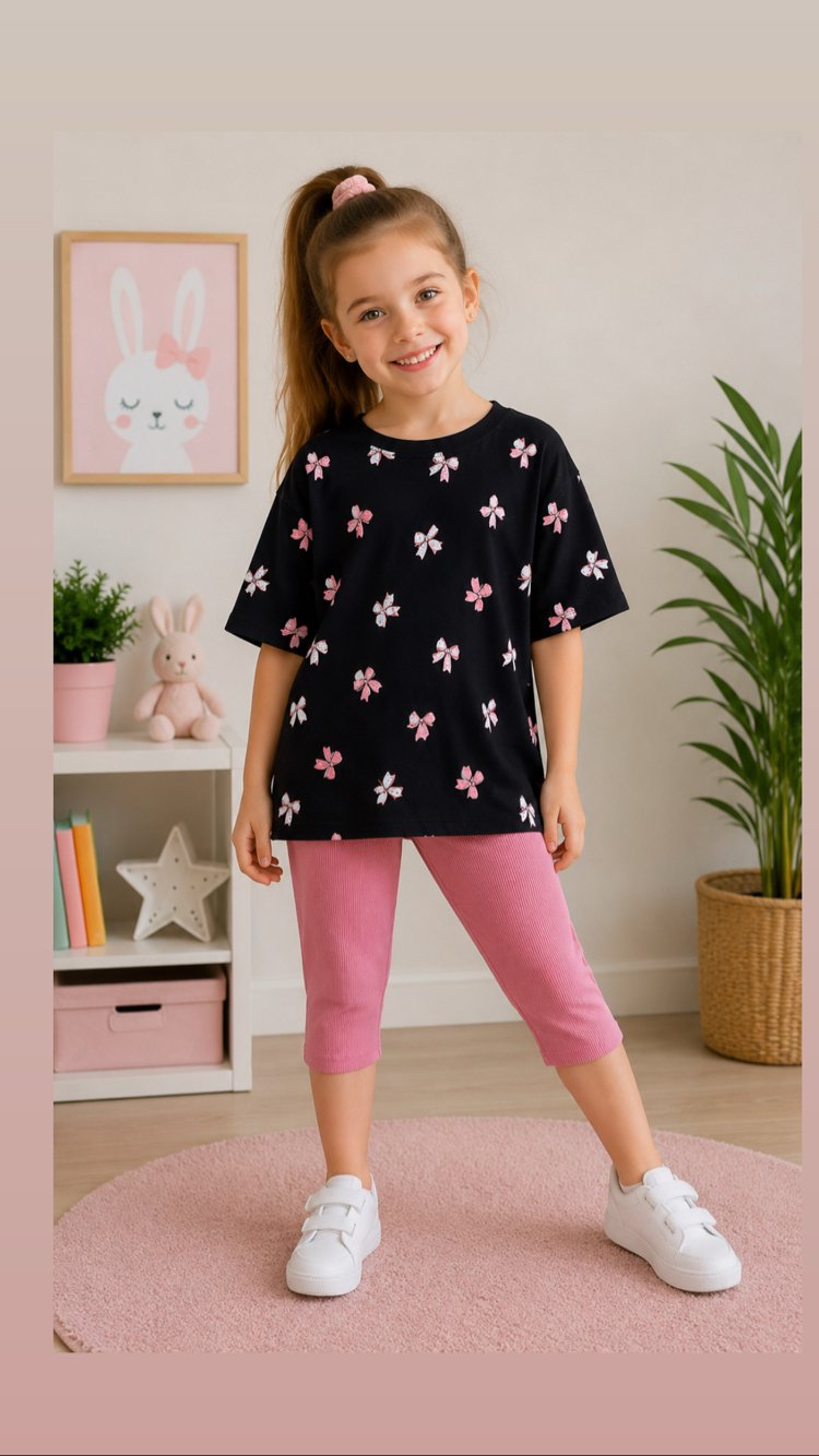 Siyah üzerine pembe fiyonk desenli t-shirt kaprili takım