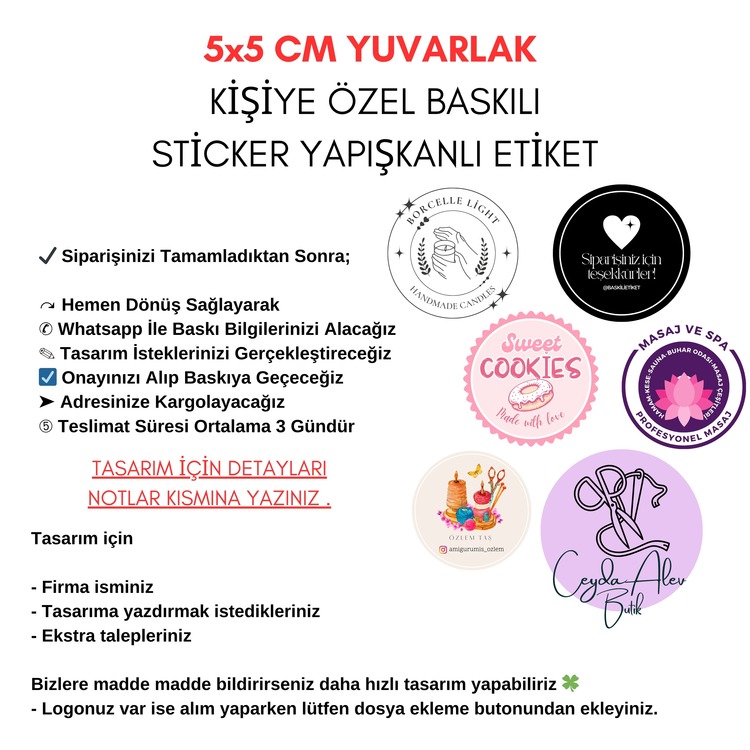 5x5 cm 500 ADET YUVARLAK KİŞİYE ÖZEL YAPIŞKANLI STİCKER ETİKET 