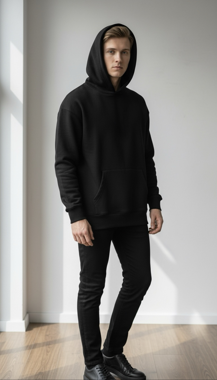 Üç İplik Siyah Kapüşonlu sweatshirt