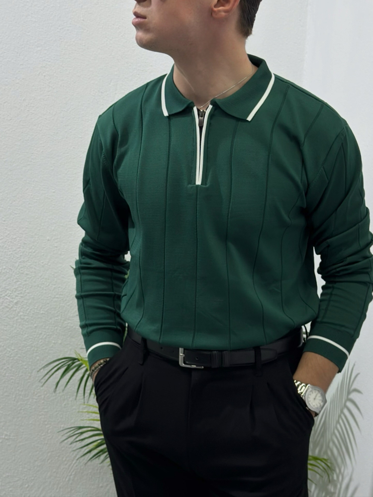 Yeşil Polo Yaka Fermuarlı Triko