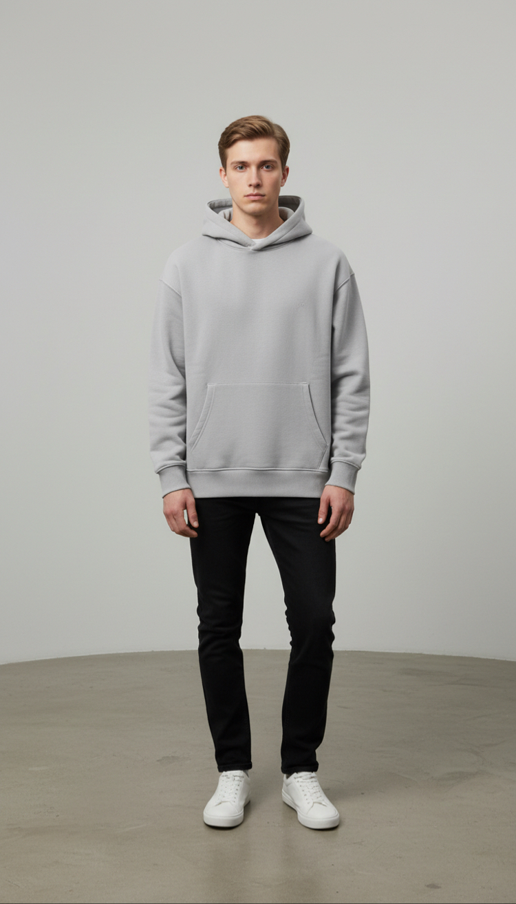 Üç İplik Gri Kapüşonlu Sweatshirt