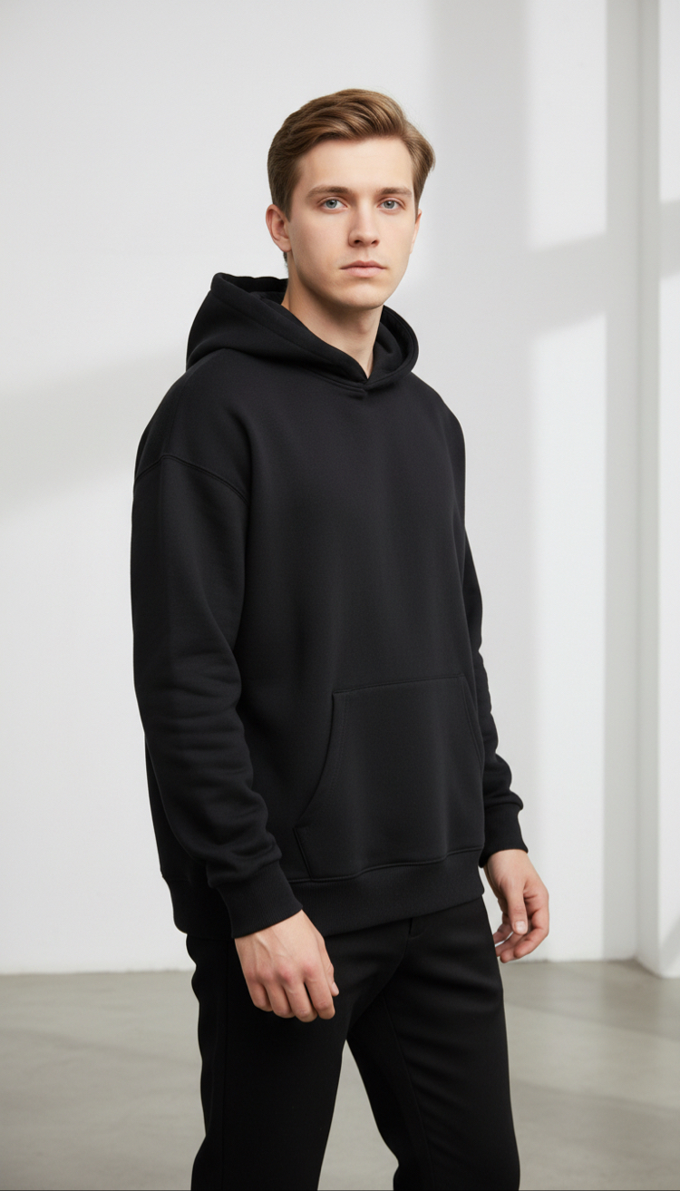 Üç İplik Siyah Kapüşonlu sweatshirt